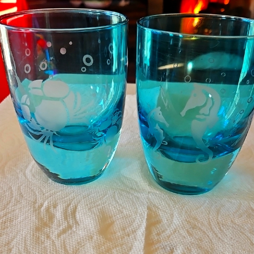 Blue Ocean-Themed Glass Tumblers. Set of 2
